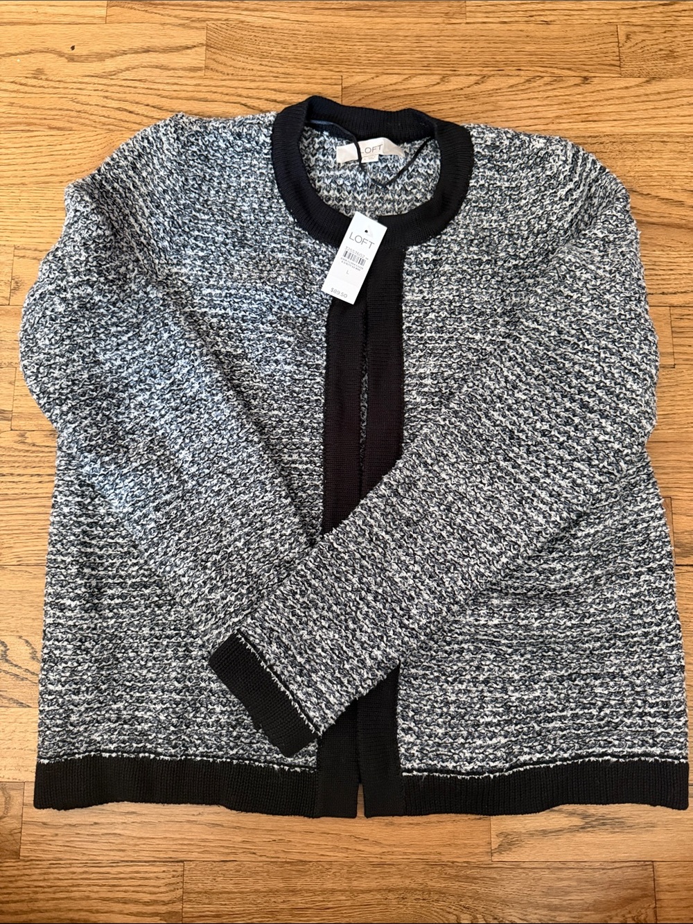 LOFT Black and White Marled Bouclé Open Cardigan